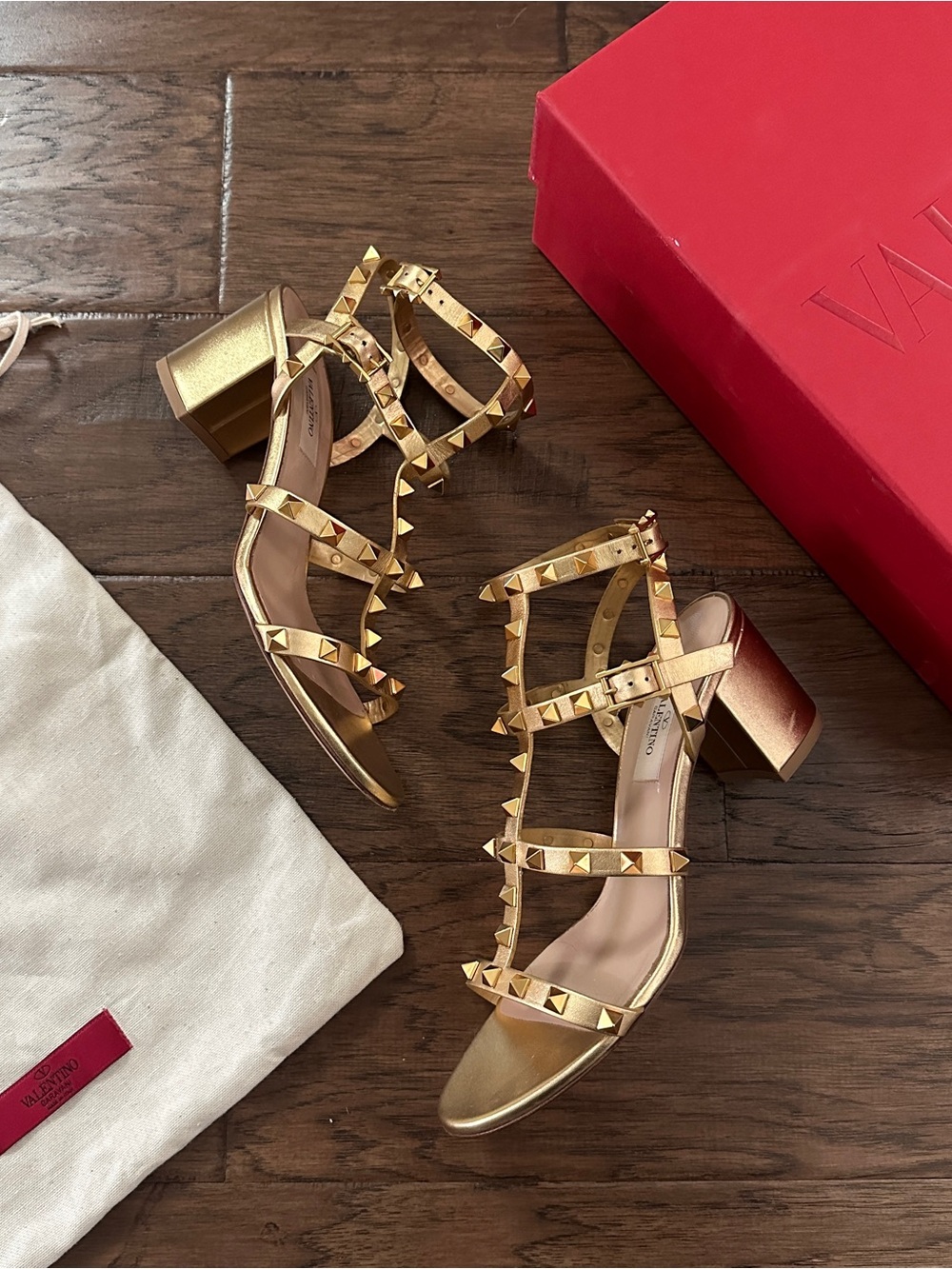 Valentino Metallic Gold Leather Rockstud Block-Heel Sandals